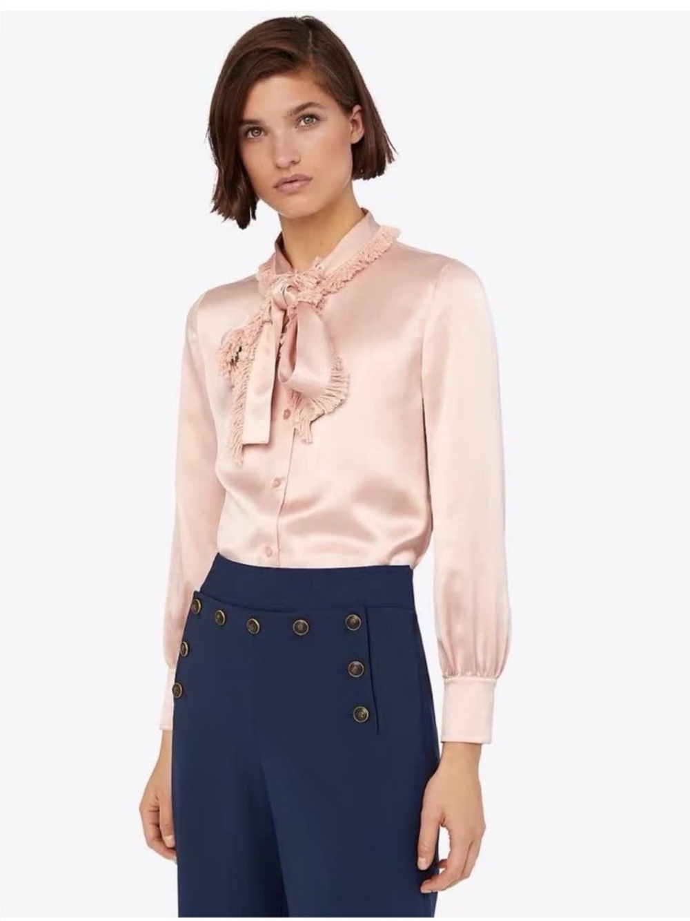 Tory Burch Blush Pink Silk Bow Blouse with Ruffle Collar size 14